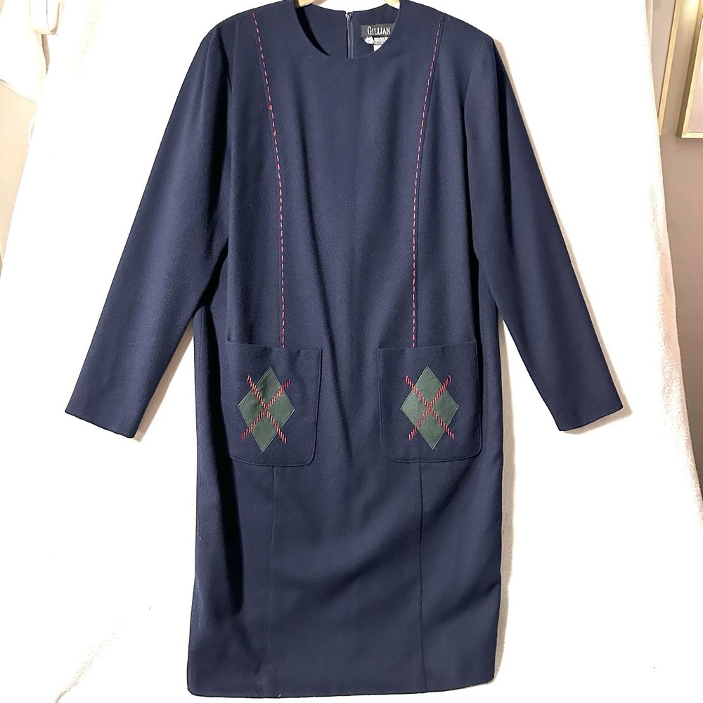 Vintage Gillian Size 8 Wool Argyle Pocket Sheath Secretary 80s 90s Navy Blue